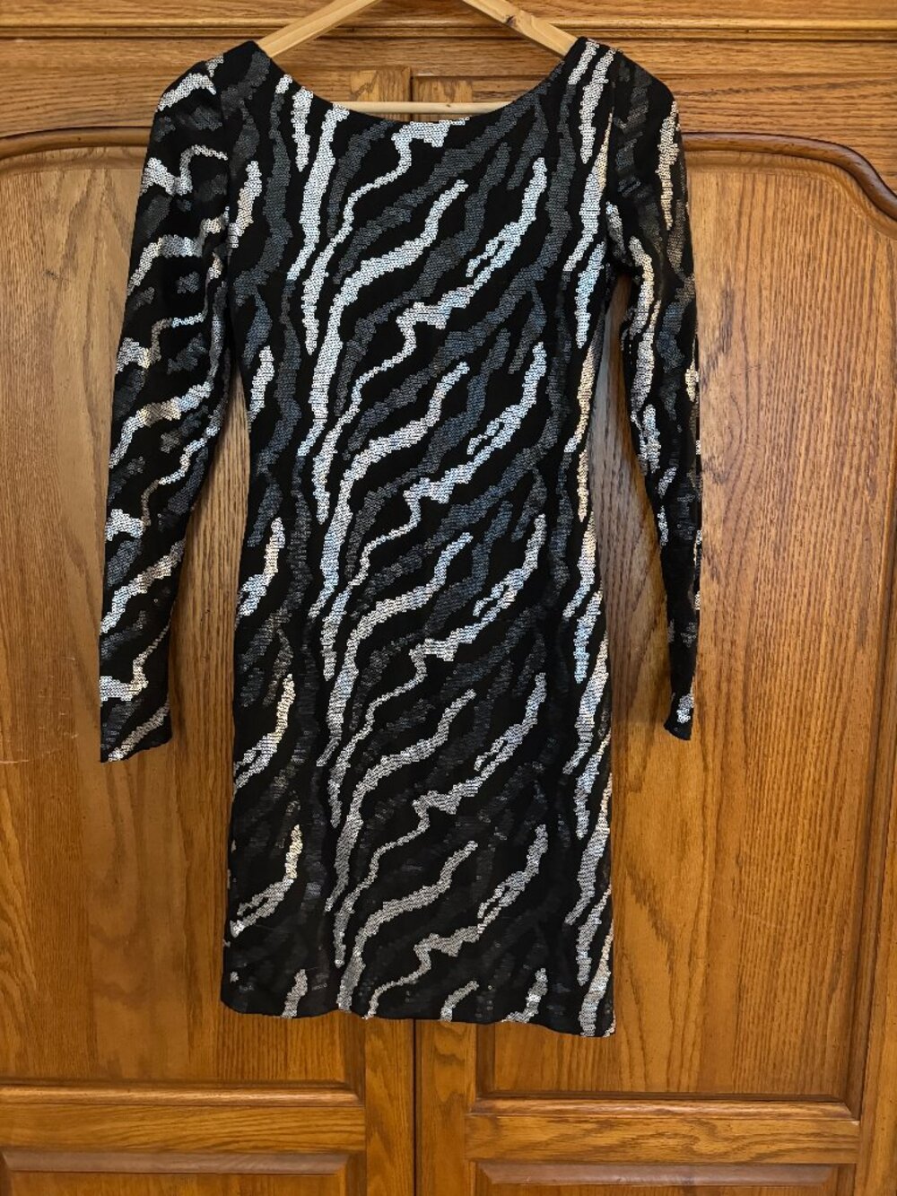 Jump Black and Silver Sequin Zebra-Print Long Sleeve Dress